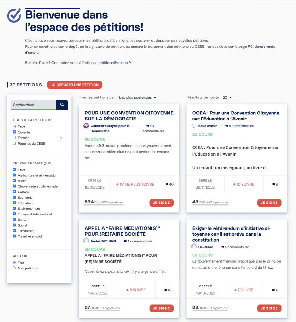 Capture écran de l'espace pétition de Decidim 0.27