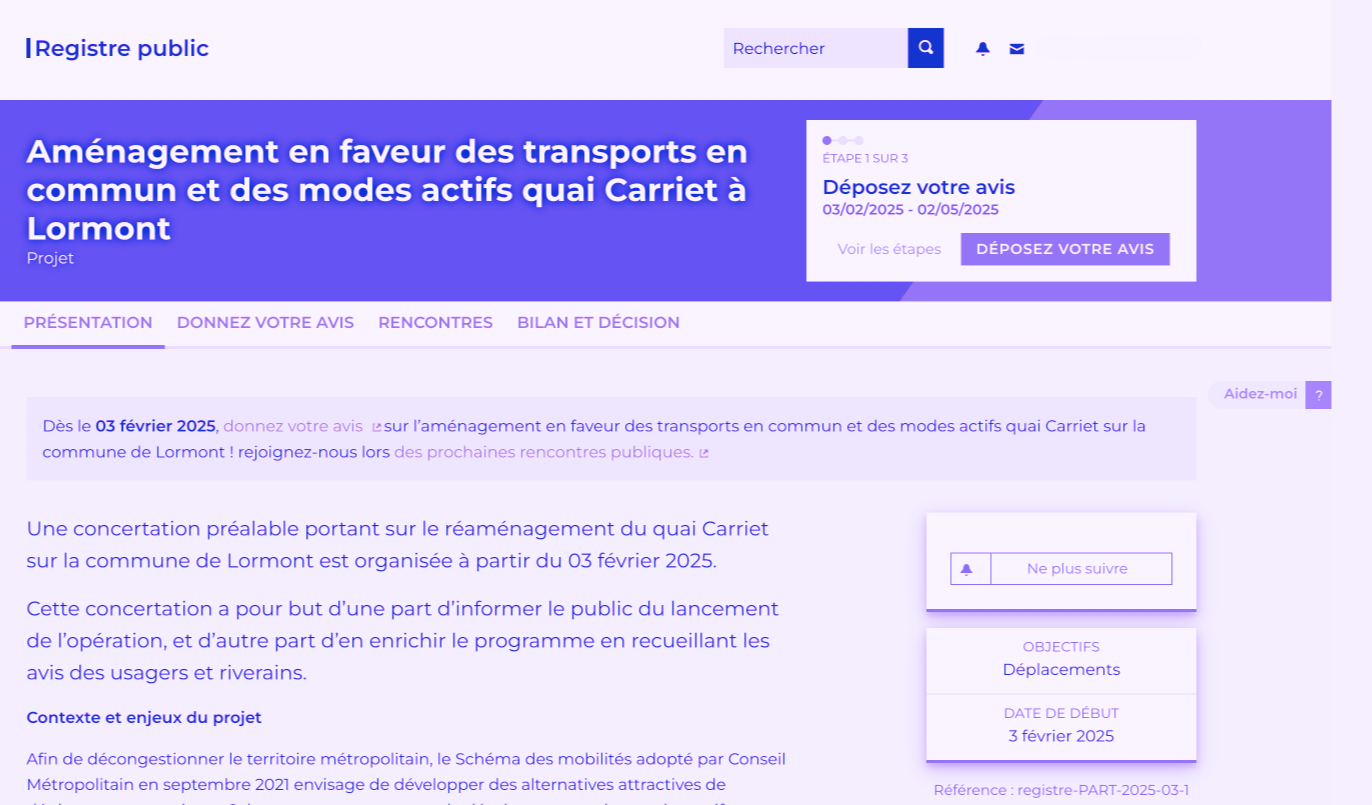 Capture écran d'une enquête publique sur Decidim