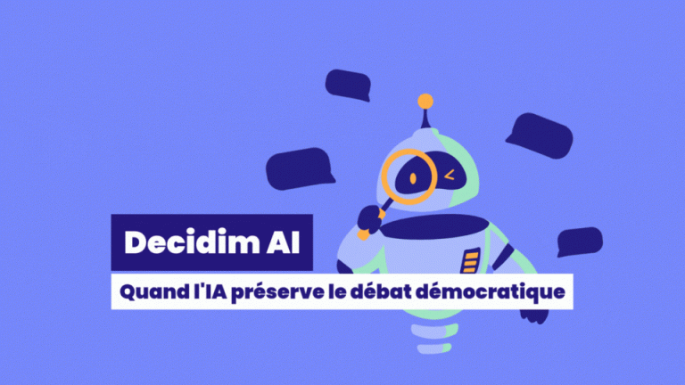 Un petit robot à l'air sympathique tient une loupe à la main et est entouré de symboles de message qui s'animent autour de lui. En dessous figure le texte suivant : Decidim AI, quand l'IA préserve le débat démocratique.